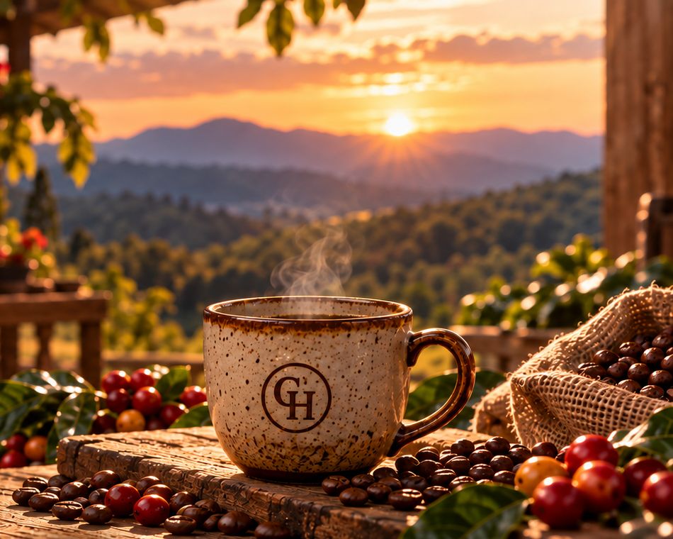 Taza Casa Herencia humeante frente a las montañas al atardecer